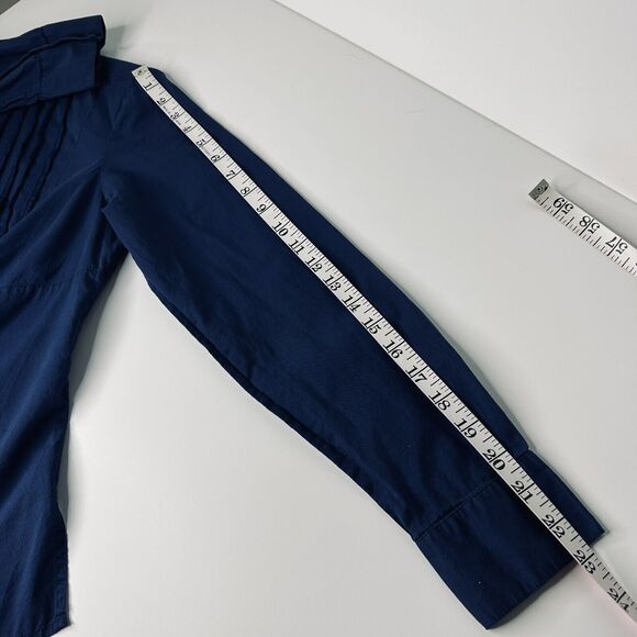 Talbots Blue Pin Tuck Blouse Petite Sz S Button Up Shiny Buttons Mock Neck Women - Picture 8 of 13